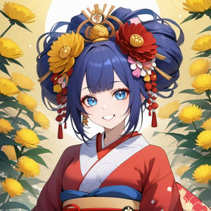 Best Composition, Best Quality, Masterpiece, Front View, Kimono, Hanamachi, Oiran, Oiran in sash, (beautiful girl, big eyes, blue eyes, wide open smile), Japanese hair, Kanzashi for oiran, Sense, (kimono, fine pattern of yellow chrysanthemum flowers), Dashing, Background Port, Artist, Swirl Features, 3D Animated Art, High Detail, Aesthetic Art, Concept Art, Ultra High Definition, Breathtaking, 8K Resolution, Inspiring, Art Station, Harakami Impact, Pixie Beautiful, 8K Resolution, Various Tracks''