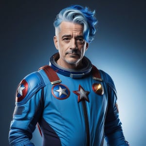 mature man , space suit, studio light, blue hair, cool look, superhero, marvel