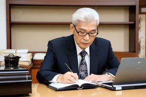 asian 70 years old man, white hair, dress in dark suit, office wear, working on laptop, coffee on table, in office, looking forward, cat sleeping on table, chinese deco