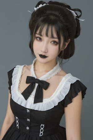 solo,highly detailed,(best quality),((masterpiece)),((photorealistic)),facial mark, black hair, forehead mark, looking at viewer,black lips,full_body,(lolita),enmaided,smile