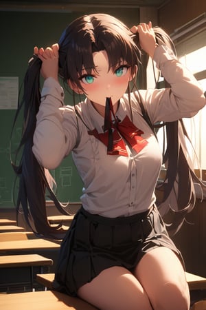 masterpiece, best quality, high quality, detailed, ultra detailed, beautiful, exquisite, insanely detailed, hyper detailed, highres, intricate details, ultra high resolution, extremely detailed face, detailed eyes, perfect lighting, solo, 4K, detailed face, detailed eyes, Delicate wrinkles on clothes,(rin tohsaka),aqua eyes,black hair,long hair,sidelocks,two side up,parted bangs,black skirt,bunching hair, Classroom, On the desk, Sit, full body shot, shoot from side, Low angle, (Hair clip, mouth hold),