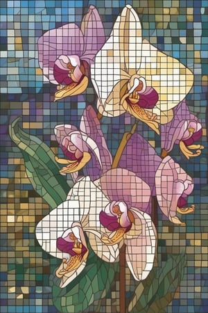 Illustration of orchid flowers in mosaic style, with beautiful striking colors