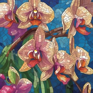 Illustration of orchid flowers in mosaic style, with beautiful striking colors