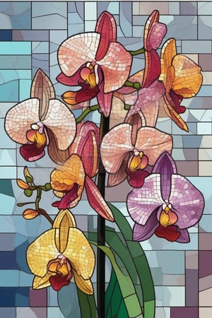 Illustration of orchid flowers in mosaic style, with beautiful striking colors