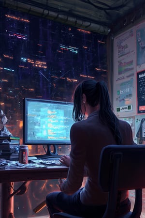 In a dimly lit room filled with neon hues and scattered cables, a girl sits at her desk, her long black hair messy and tangled in a ponytail. Her face contorts in a furious expression, eyes red and bloodshot from intense focus. A cracked computer monitor behind her displays error messages, while the keyboard lies abandoned amidst crumpled paper and soda cans. The air is electric with motion blur as her hands move swiftly across the desk, typing away in frustration. A chair lies kicked over, and a coffee cup spills its contents onto the floor. Books and posters of games scatter the space, punctuated by a game controller on the desk. The atmosphere pulses with bright colors, glitch effects, and pixelated backgrounds, as coding symbols swirl around her furrowed brows and clenched teeth.