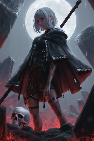 A dark fantasy icon emerges from the shattered ground, surrounded by eerie glow and swirling energy. A lone girl, sporting heterochromia, holds a scythe, her red eyes piercing through the misty graveyard setting. Her short grey hair is adorned with tattoos, while her torn clothes are cinched by a black cloak with a dark hood. Sharp claws extend from her extra arms, as she gazes directly at the viewer. A skull and bones lie at her feet, amidst floating rocks and debris. In the distance, full moon casts an ethereal aura, while skeletal magic swirls around her. Dark fantasy meets gothic atmosphere in this digital painting, with intricate details and dramatic lighting by (Hyung-Tae Kim, Tatsuya Yoshikawa, Kazuma Kaneko).