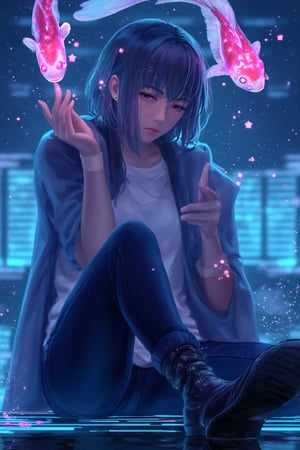 1girl, bored expression, sitting, holographic koi fish, glowing fish, fish swimming in the air, hand raised, casual clothing, jeans, t-shirt, short hair, light blue hair, pink eyes, lazy posture, futuristic room, neon lights, transparent fish, floating fish, light particles, hologram, fingers lightly touching, gentle glow, dim lighting, digital screen background, soft light, empty gaze, fish circling around, relaxed pose, air bubbles, sleek design, blue and pink color scheme, futuristic aesthetic, ethereal atmosphere, digital art, sci-fi, surreal scene, mood lighting, reflective floor, holographic display, idle, hands on lap, hoodie, socks, glowing lines, high-tech interior, relaxed fingers, holographic interface, messy hair, cyberpunk style, empty room, slouched posture, glasses, glowing eyes, glowing fingertips, purple hues, playful fish, curved screen, expressionless face. guweiz