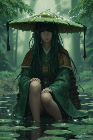 In a serene forest setting, a solo kappa sits on a lily pad-crowned head, surrounded by vibrant foliage. Green hair flows like seaweed, as she gazes directly at the viewer with mischievous glowing eyes. Her traditional Japanese clothing is adorned with intricate details, and her webbed hands rest on her knees. Water splashes from the nearby river, creating ripples that reflect the misty atmosphere. The kappa's turtle shell and scales glisten in soft lighting, exuding a magical aura. Ancients Japan-inspired foliage and ancient folklore elements blend seamlessly with fantasy creature features. A fine art masterpiece by Ayami Kojima/Yoji Shinkawa/Yoshitaka Amano.