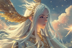 In a dreamlike, ethereal atmosphere, a serene girl with long white hair flowing like gold highlights in the cosmic aura, dons celestial robes adorned with white and gold patterns. Her shimmering wings and glowing feathers seem to weave a golden thread through the air as she casts arcane spells. Softly illuminated by divine light, her focused gaze radiates a gentle intensity amidst swirling celestial sparks and floating stars. Vibrant colors dance across the dreamlike sky, punctuated by radiant background clouds, while delicate golden lace embroidery adds an intricate touch to her flowing robes. As she weaves cosmic energy into her being, a halo of otherworldly light surrounds her, evoking the surreal, psychedelic patterns of Yoshitaka Amano, Klimt, and Alex Grey.