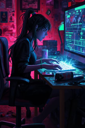 In a dimly lit room filled with neon hues and scattered cables, a girl sits at her desk, her long black hair messy and tangled in a ponytail. Her face contorts in a furious expression, eyes red and bloodshot from intense focus. A cracked computer monitor behind her displays error messages, while the keyboard lies abandoned amidst crumpled paper and soda cans. The air is electric with motion blur as her hands move swiftly across the desk, typing away in frustration. A chair lies kicked over, and a coffee cup spills its contents onto the floor. Books and posters of games scatter the space, punctuated by a game controller on the desk. The atmosphere pulses with bright colors, glitch effects, and pixelated backgrounds, as coding symbols swirl around her furrowed brows and clenched teeth.