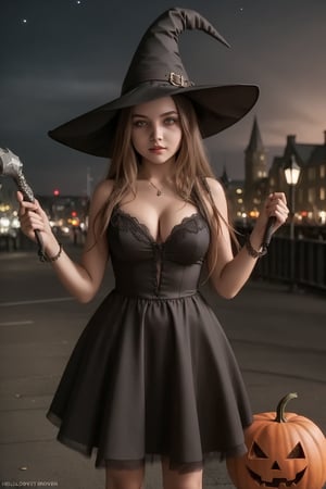  young girl 15year old,curvy, darkness dress, on the night city,3D, Helloween,witch hat, wizard wand,