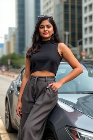 Generate an image of a confident Sri Lankan woman leaning against a sleek, modern car in an urban setting. She’s wearing a high-neck, sleeveless crop top paired with wide-legged, high-waisted trousers, creating a bold and stylish look. Her sunglasses rest on the bridge of her nose as she gazes forward with a relaxed, yet powerful expression. The cityscape behind her is filled with towering buildings and bright lights, reflecting off the polished surface of the car. The scene should evoke a strong, urban vibe, highlighting a blend of modern fashion with a cool, city-chic attitude.