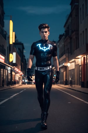 1boy, 15year old, model, fit body, on the dark night city, full body, maraton, wearing a tight black costume with a skull symbol, boot, no mask, gloves bright red or blue,