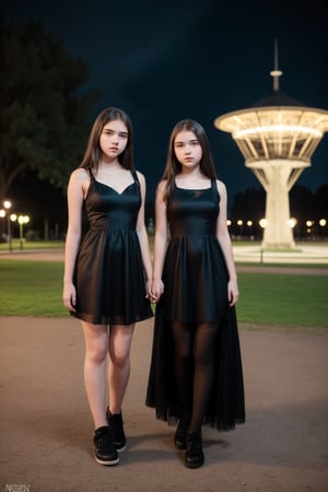 2girl, 2young girl 15 years old, full body, black air, sweet pink dress, night in the park, model