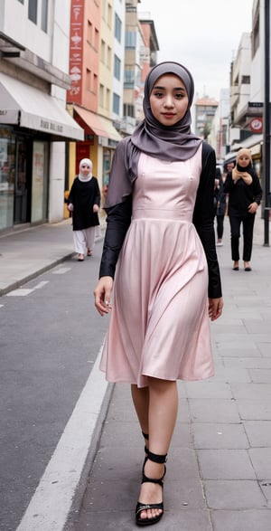 2_girl, hijab, loong sweet dress, model, walking on the city,