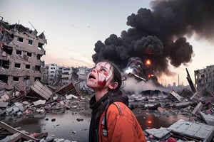 12 year old young girl crying sadly, facing sideways, looking up, tears, bloody face, in the middle of a destroyed city, smoke on buildings, bomb explosions, palestinian flag in the sky,