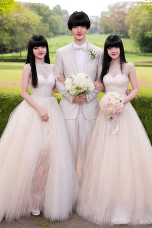 1girl ,1boys, young girl 15 years old, (LISA), smile, close mouth, full_body, transparent wedding dress, days in the park, model, long black hair with bangs, bangs