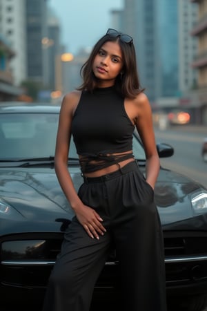 Generate an image of a confident Sri Lankan woman leaning against a sleek, modern car in an urban setting. She’s wearing a high-neck, sleeveless crop top paired with wide-legged, high-waisted trousers, creating a bold and stylish look. Her sunglasses rest on the bridge of her nose as she gazes forward with a relaxed, yet powerful expression. The cityscape behind her is filled with towering buildings and bright lights, reflecting off the polished surface of the car. The scene should evoke a strong, urban vibe, highlighting a blend of modern fashion with a cool, city-chic attitude.