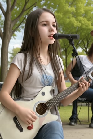 Young girl 15 years old, playing in a beautiful park, crowd, playing the guitar,