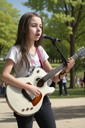 Young girl 15 years old, playing in a beautiful park, crowd, playing the guitar,