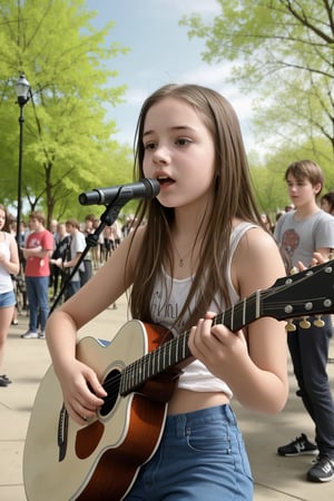 Young girl 15 years old, playing in a beautiful park, crowd, playing the guitar,