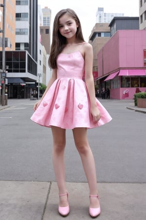 Sweet young girl 13year old, sweet pink drees, full body, city,