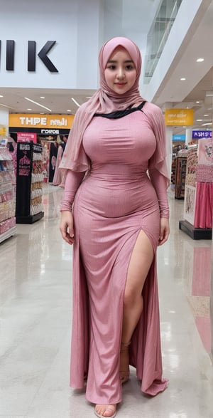 1girl, 18year old, pink hijab, full face, loong dress, curvy body, full body, in super mall,