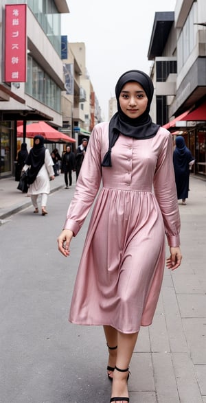 2_girl, hijab, loong sweet dress, model, walking on the city,