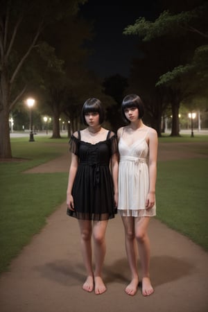 2girl, 2young girl 15 years old, full body, sweet night dress, night in the park, model, short black hair with bangs, bangs