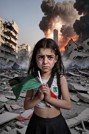 12 year old young girl crying holding a palestinian flag, in the middle of a destroyed city, explosions in city buildings, smoke in city buildings,