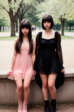 2girl, 2young girl 15 years old, full body, sweet pink night dress, days in the park, model, stylish, short black hair with bangs, bangs