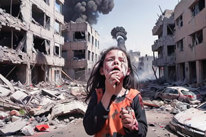 12 year old young girl crying sadly, facing sideways, looking up, tears, bloody face, in the middle of a destroyed city, smoke on buildings, bomb explosions, palestinian flag in the hand, orange aky,