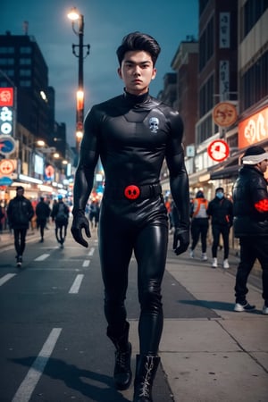 1boy, 15year old, model, fit body, on the dark night city, full body, maraton, wearing a tight black costume with a skull symbol, boot, no mask, gloves bright red or blue, samurai 