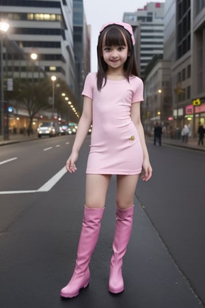 Little young girl 9year old, tight clothes, long pink boots, cute mini dress, fate_stay_night_city, full_body,Masterpiece