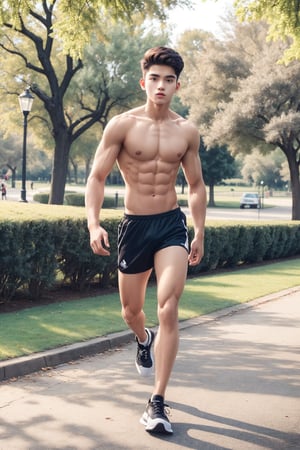 1boy, 15year old, model, fit body, on the park, full body, maraton