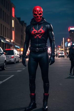 1boy, 15year old, model, fit body, on the dark night city, full body, maraton, wearing a tight black costume with a red skull symbol, boot, no mask, gloves bright red or blue,