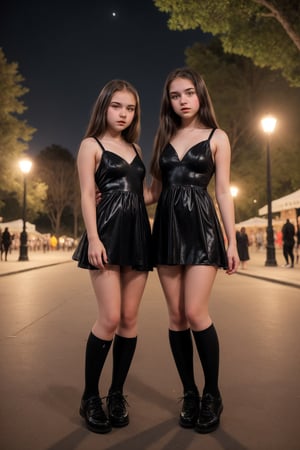 2girl, 2young girl 15 years old, full body, black air, sweet mini dress, night in the park, model