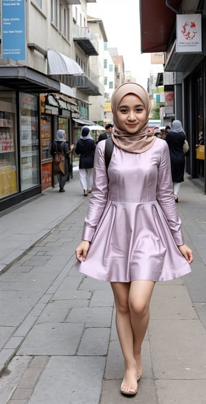 2_girl, hijab, loong sweet dress, model, walking on the city,