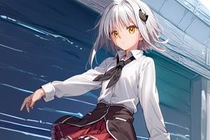 score9_up, score8_up, score7_up, score6_up, 
KONEKO TOUJOU, SHORT HAIR, HAIR ORNAMENT, YELLOW EYES, WHITE HAIR,
SKIRT, SCHOOL UNIFORM, SHIRT, WHITE SHIRT, COLLARED SHIRT, NECKERCHIEF, BLACK NECKERCHIEF, LONG SLEEVES, RED SKIRT, solo,





