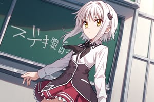 score9_up, score8_up, score7_up, score6_up, 
KONEKO TOUJOU, SHORT HAIR, HAIR ORNAMENT, YELLOW EYES, WHITE HAIR,
SKIRT, SCHOOL UNIFORM, SHIRT, WHITE SHIRT, COLLARED SHIRT, NECKERCHIEF, BLACK NECKERCHIEF, LONG SLEEVES, RED SKIRT, solo,





