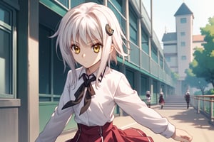 score9_up, score8_up, score7_up, score6_up, 
KONEKO TOUJOU, SHORT HAIR, HAIR ORNAMENT, YELLOW EYES, WHITE HAIR,
SKIRT, SCHOOL UNIFORM, SHIRT, WHITE SHIRT, COLLARED SHIRT, NECKERCHIEF, BLACK NECKERCHIEF, LONG SLEEVES, RED SKIRT, solo,





