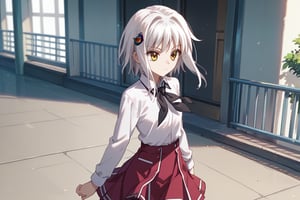 score9_up, score8_up, score7_up, score6_up, 
KONEKO TOUJOU, SHORT HAIR, HAIR ORNAMENT, YELLOW EYES, WHITE HAIR,
SKIRT, SCHOOL UNIFORM, SHIRT, WHITE SHIRT, COLLARED SHIRT, NECKERCHIEF, BLACK NECKERCHIEF, LONG SLEEVES, RED SKIRT, solo,





