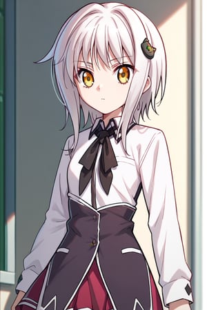 score9_up, score8_up, score7_up, score6_up, 
KONEKO TOUJOU, SHORT HAIR, HAIR ORNAMENT, YELLOW EYES, WHITE HAIR,
SKIRT, SCHOOL UNIFORM, SHIRT, WHITE SHIRT, COLLARED SHIRT, NECKERCHIEF, BLACK NECKERCHIEF, LONG SLEEVES, RED SKIRT, solo,





