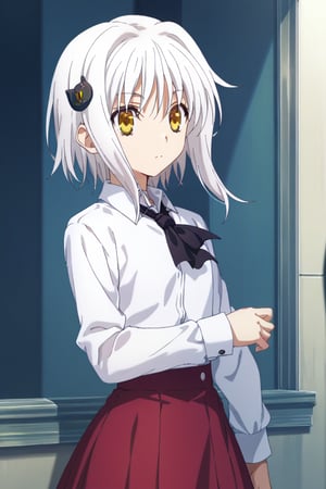 score9_up, score8_up, score7_up, score6_up, 
KONEKO TOUJOU, SHORT HAIR, HAIR ORNAMENT, YELLOW EYES, WHITE HAIR,
SKIRT, SCHOOL UNIFORM, SHIRT, WHITE SHIRT, COLLARED SHIRT, NECKERCHIEF, BLACK NECKERCHIEF, LONG SLEEVES, RED SKIRT, solo,





