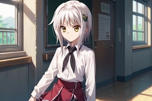 score9_up, score8_up, score7_up, score6_up, 
KONEKO TOUJOU, SHORT HAIR, HAIR ORNAMENT, YELLOW EYES, WHITE HAIR,
SKIRT, SCHOOL UNIFORM, SHIRT, WHITE SHIRT, COLLARED SHIRT, NECKERCHIEF, BLACK NECKERCHIEF, LONG SLEEVES, RED SKIRT, solo,





