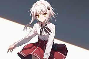 score9_up, score8_up, score7_up, score6_up, 
KONEKO TOUJOU, SHORT HAIR, HAIR ORNAMENT, YELLOW EYES, WHITE HAIR,
SKIRT, SCHOOL UNIFORM, SHIRT, WHITE SHIRT, COLLARED SHIRT, NECKERCHIEF, BLACK NECKERCHIEF, LONG SLEEVES, RED SKIRT, solo,





