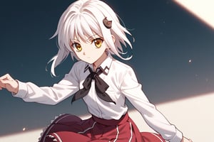 score9_up, score8_up, score7_up, score6_up, 
KONEKO TOUJOU, SHORT HAIR, HAIR ORNAMENT, YELLOW EYES, WHITE HAIR,
SKIRT, SCHOOL UNIFORM, SHIRT, WHITE SHIRT, COLLARED SHIRT, NECKERCHIEF, BLACK NECKERCHIEF, LONG SLEEVES, RED SKIRT, solo,





