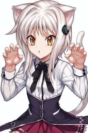 score_9, score_8_up, score_7_up, source_anime, masterpiece, 1girl, ctiank0nek0, dress shirt, pleated skirt, black ribbon, red skirt, half black uniform, long sleeves,  cat ears, cat tail, claw pose, chestnut mouth, 

 ,(( white background, blank background))