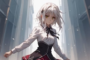 score9_up, score8_up, score7_up, score6_up, 
KONEKO TOUJOU, SHORT HAIR, HAIR ORNAMENT, YELLOW EYES, WHITE HAIR,
SKIRT, SCHOOL UNIFORM, SHIRT, WHITE SHIRT, COLLARED SHIRT, NECKERCHIEF, BLACK NECKERCHIEF, LONG SLEEVES, RED SKIRT, solo,





