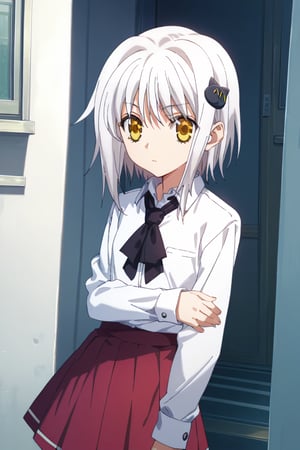 score9_up, score8_up, score7_up, score6_up, 
KONEKO TOUJOU, SHORT HAIR, HAIR ORNAMENT, YELLOW EYES, WHITE HAIR,
SKIRT, SCHOOL UNIFORM, SHIRT, WHITE SHIRT, COLLARED SHIRT, NECKERCHIEF, BLACK NECKERCHIEF, LONG SLEEVES, RED SKIRT, solo,





